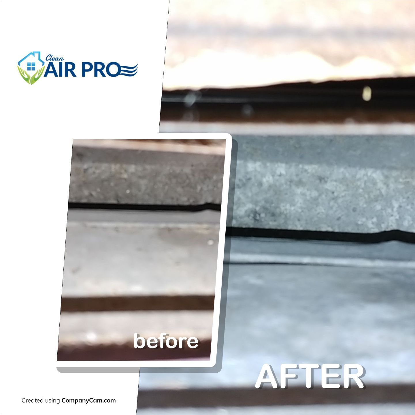 Before and after close-up of a metal surface, showing a cleaned area with a darker, dirty section.