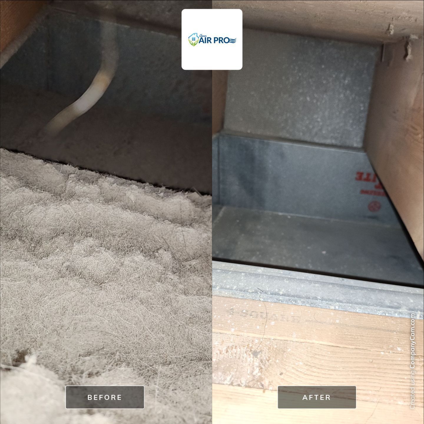 Before-and-after of an air duct cleaning. The left shows a dusty duct; the right shows a clean duct.