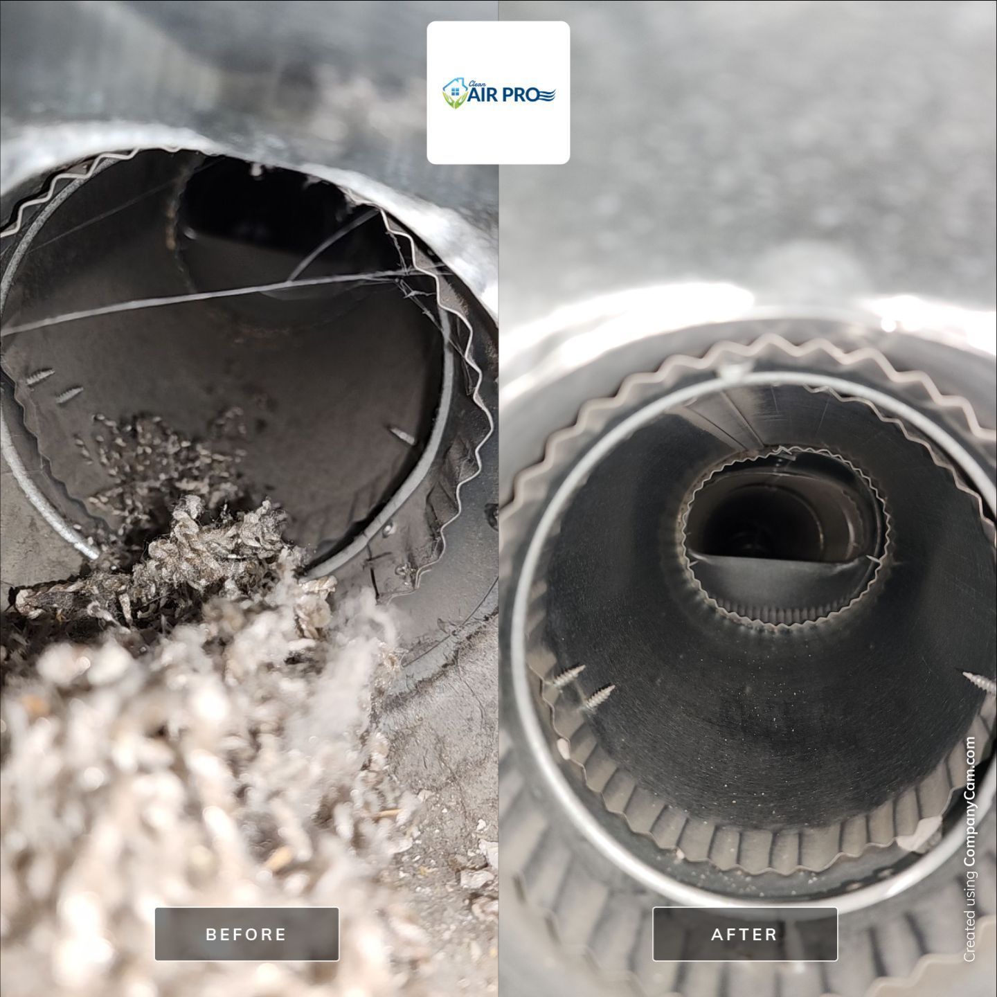 Before-and-after of an HVAC duct cleaning. The left shows a dirty duct, the right shows the cleaned duct.