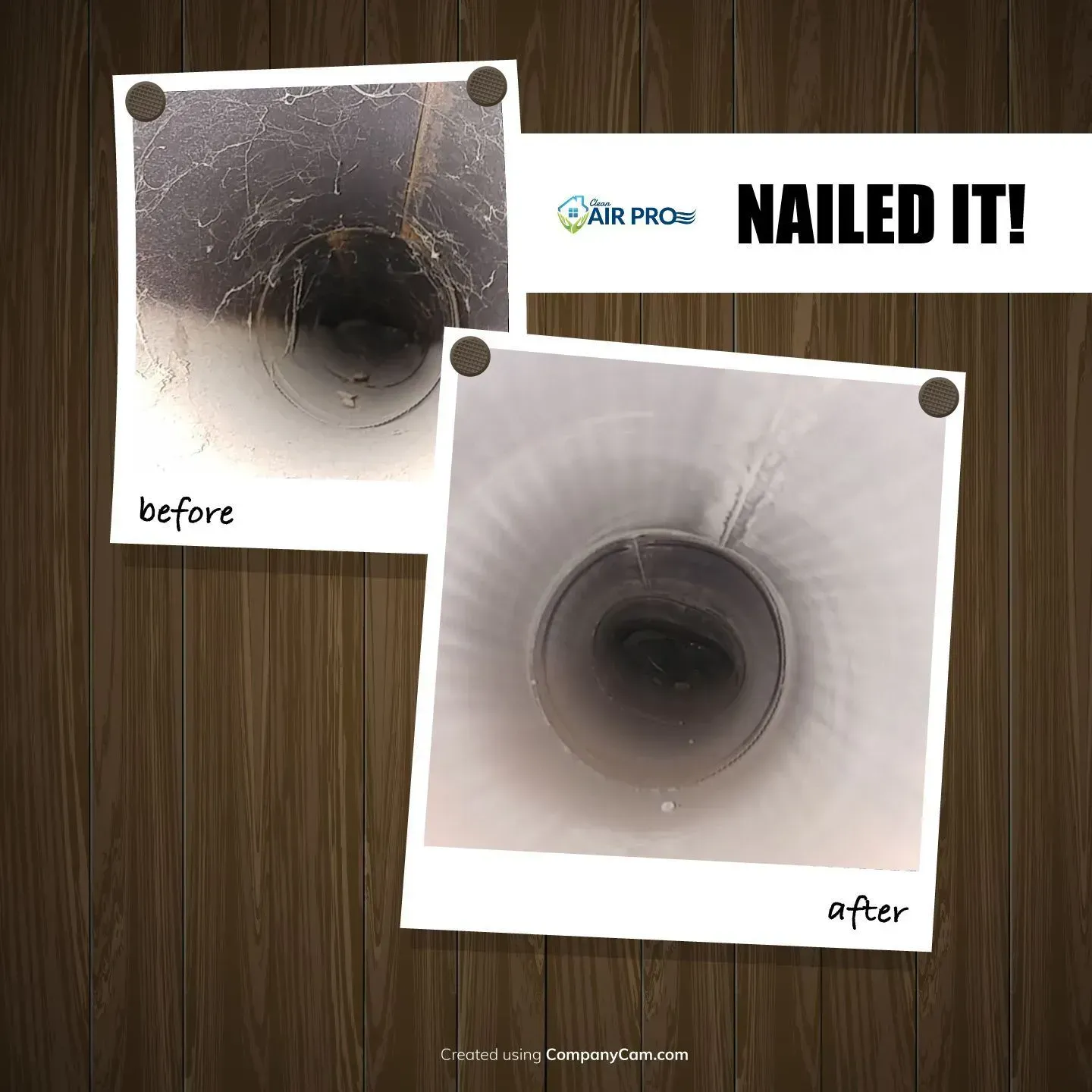 Before and after photos of air duct cleaning. Dirty duct before, clean duct after.