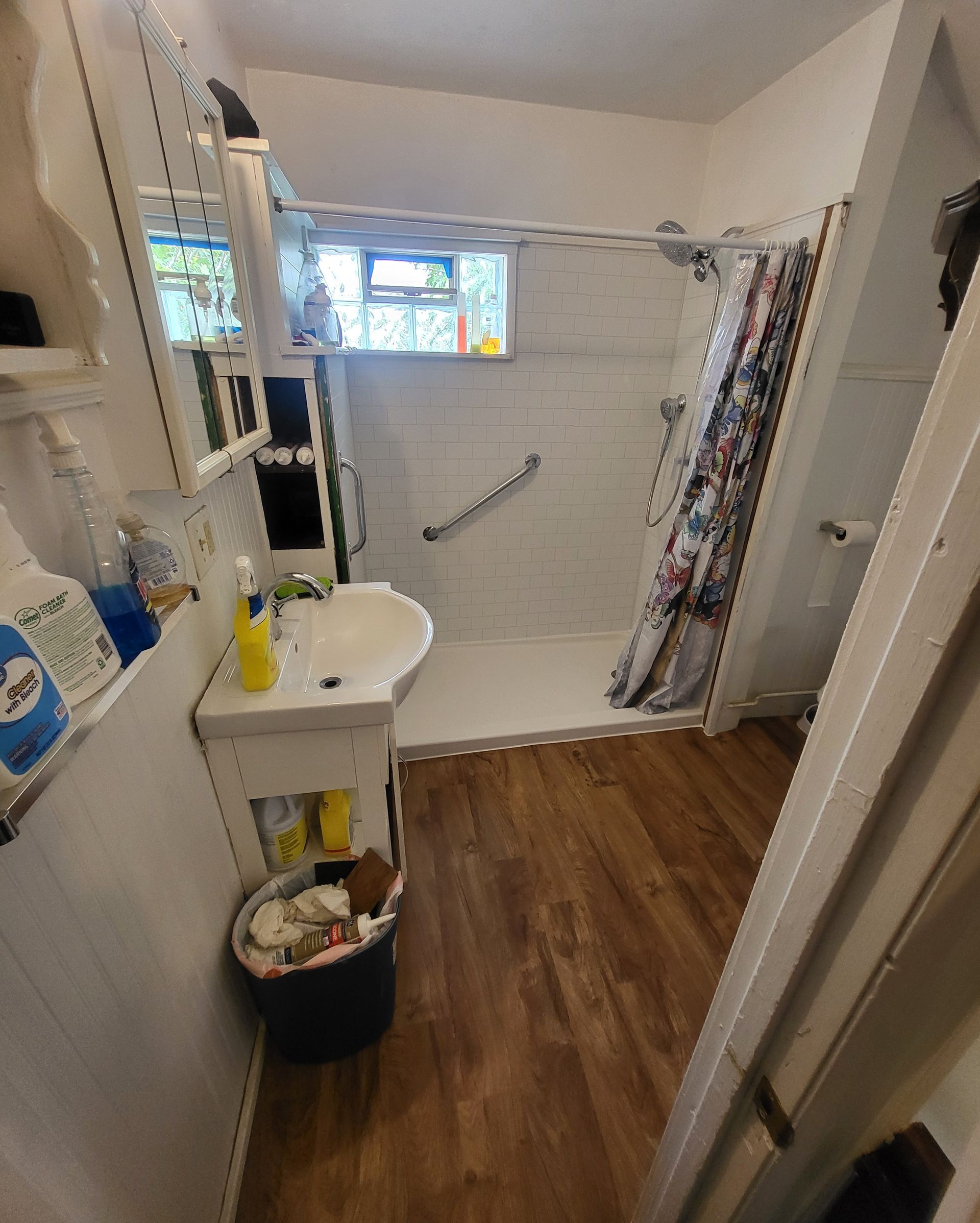 Small bathroom with wood floor, white walls, shower, sink, and storage.