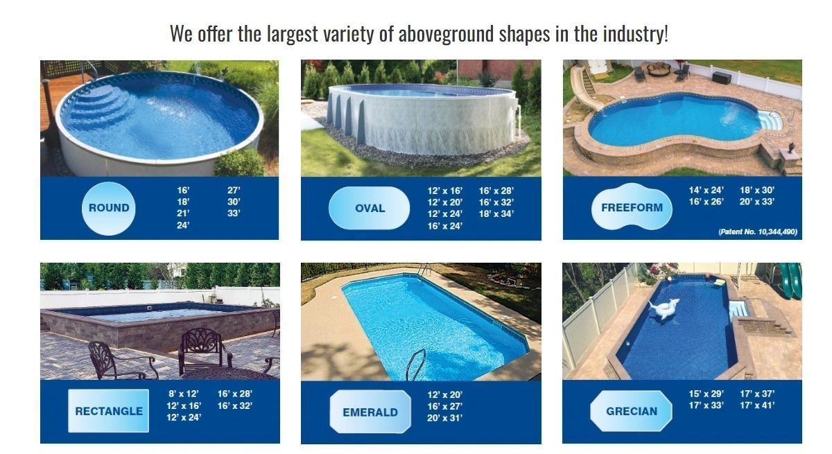 Six above-ground pool shapes: round, oval, freeform, rectangle, Grecian, and figure eight, with dimensions listed.