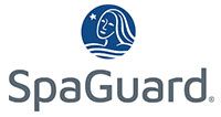 SpaGuard logo: Blue circle with woman's face over water, star. Gray text below.