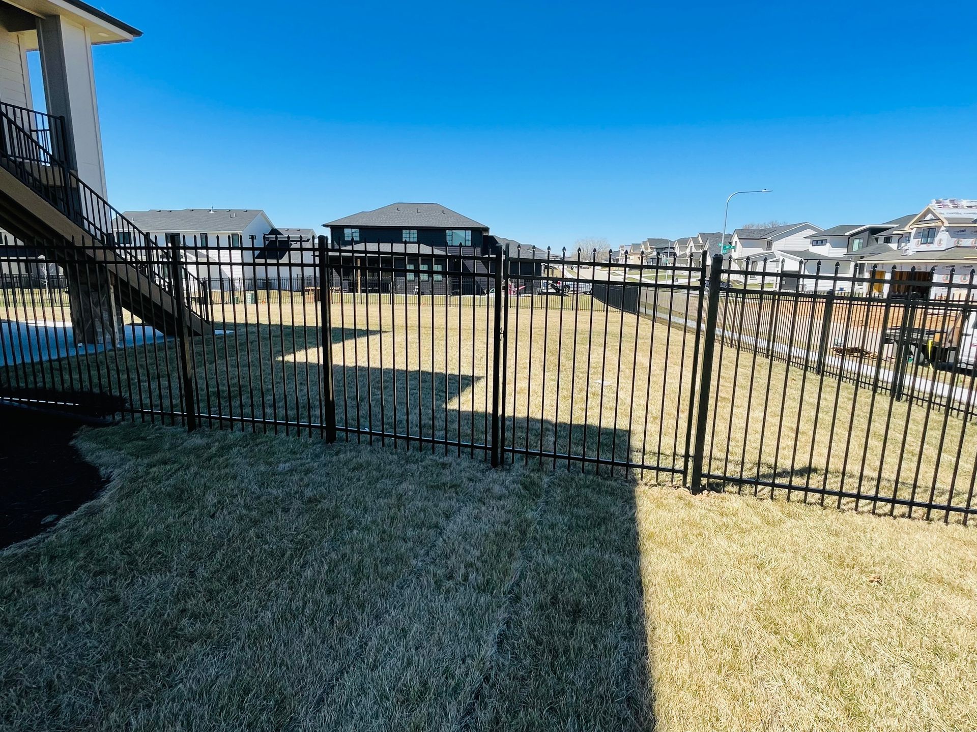 Black metal fence encloses a backyard with dry grass. Houses and blue sky in the background.