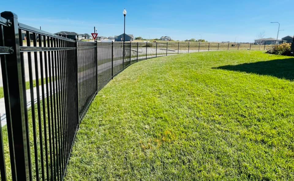 a black metal fence surrounds a lush green field