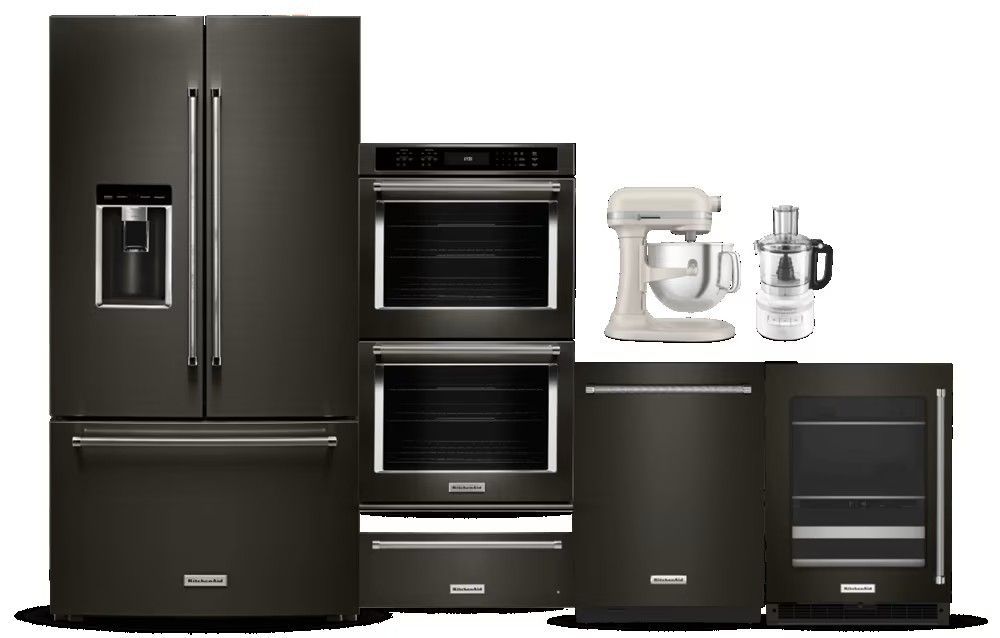 A set of kitchen appliances including a refrigerator , oven , dishwasher , and mixer.