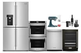 A group of stainless steel appliances including a refrigerator , oven , dishwasher , and blender.