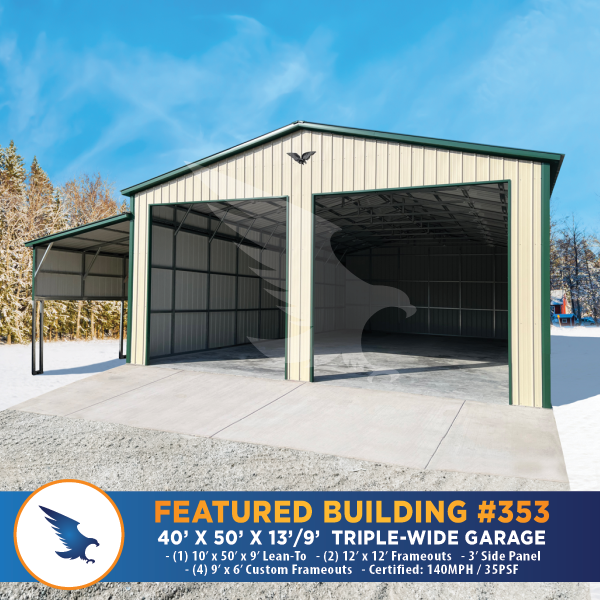 An ad for a featured building # 353 triple wide garage