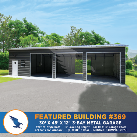 An advertisement for a Featured Building #369, 30' x 45' x 12' 3-Bay Metal Garage