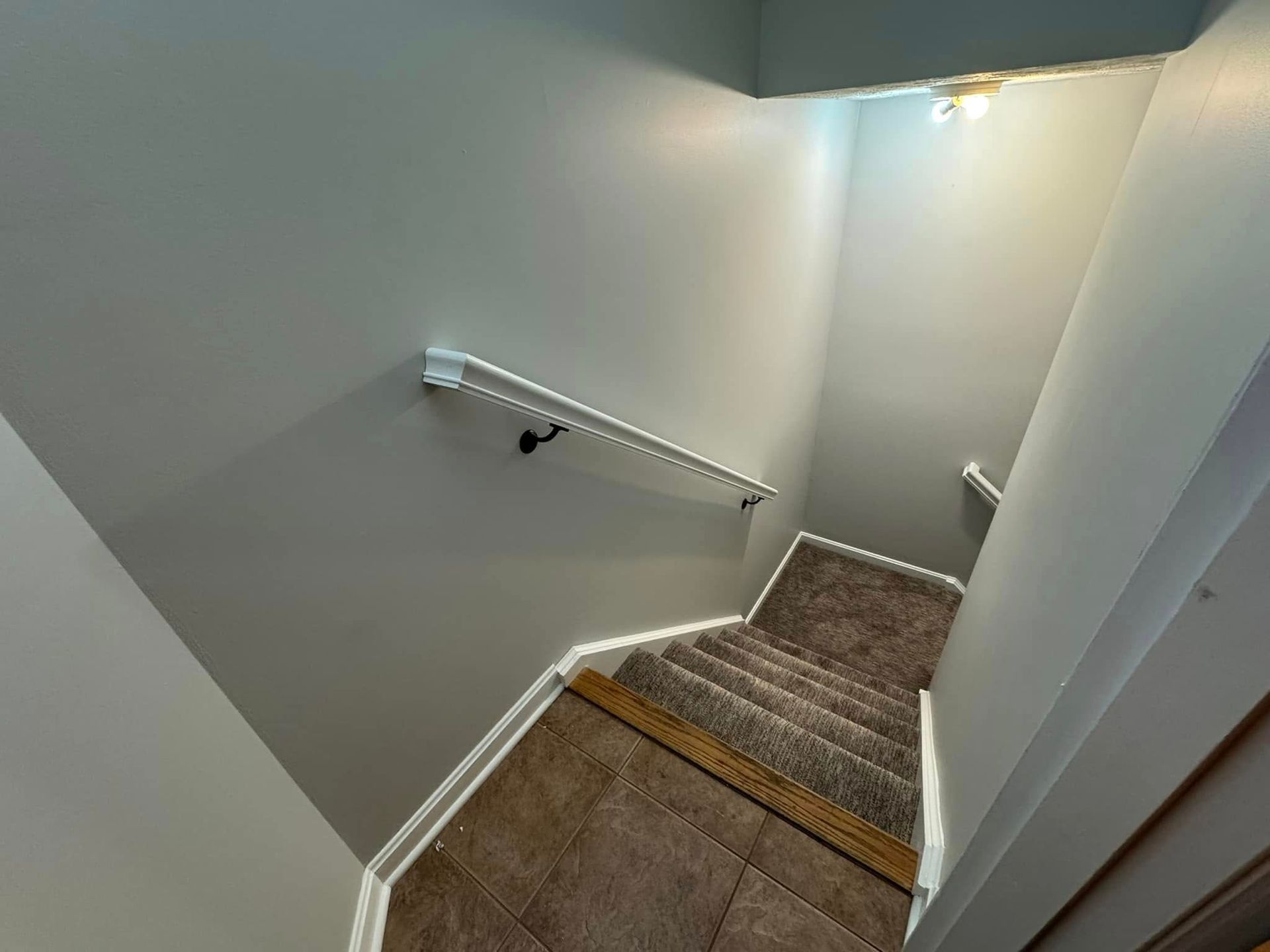 View of a carpeted staircase from above, with handrails on both sides, painted walls.