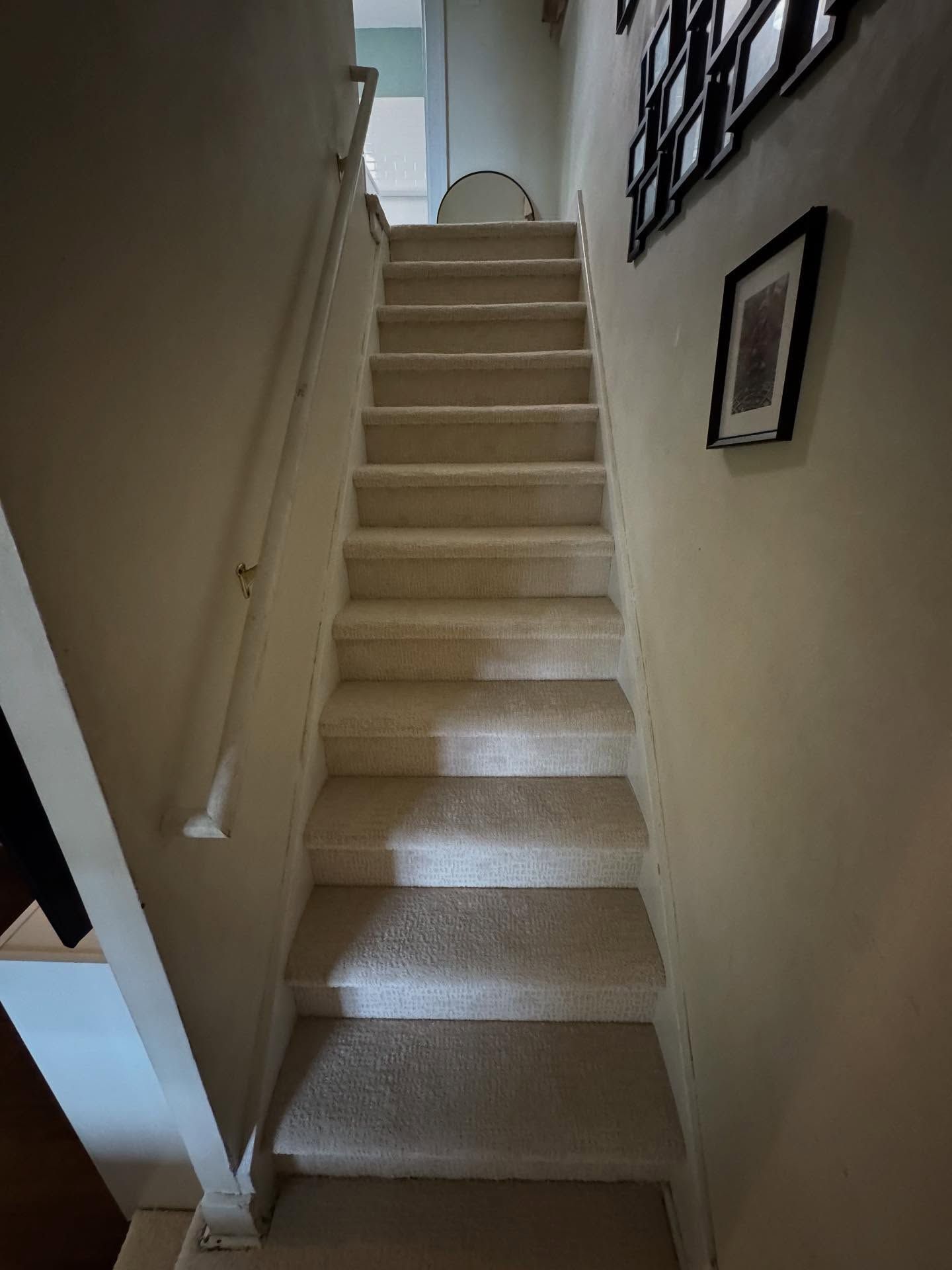 Staircase with light carpet and a white handrail. Beige walls. Small framed art on the right.