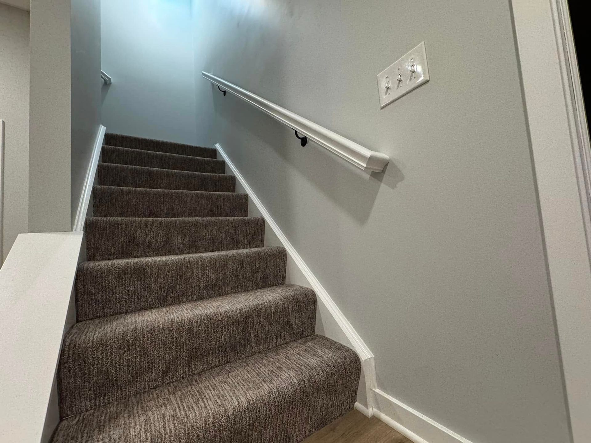 Staircase with carpeted steps, white handrail on gray wall, light switch.