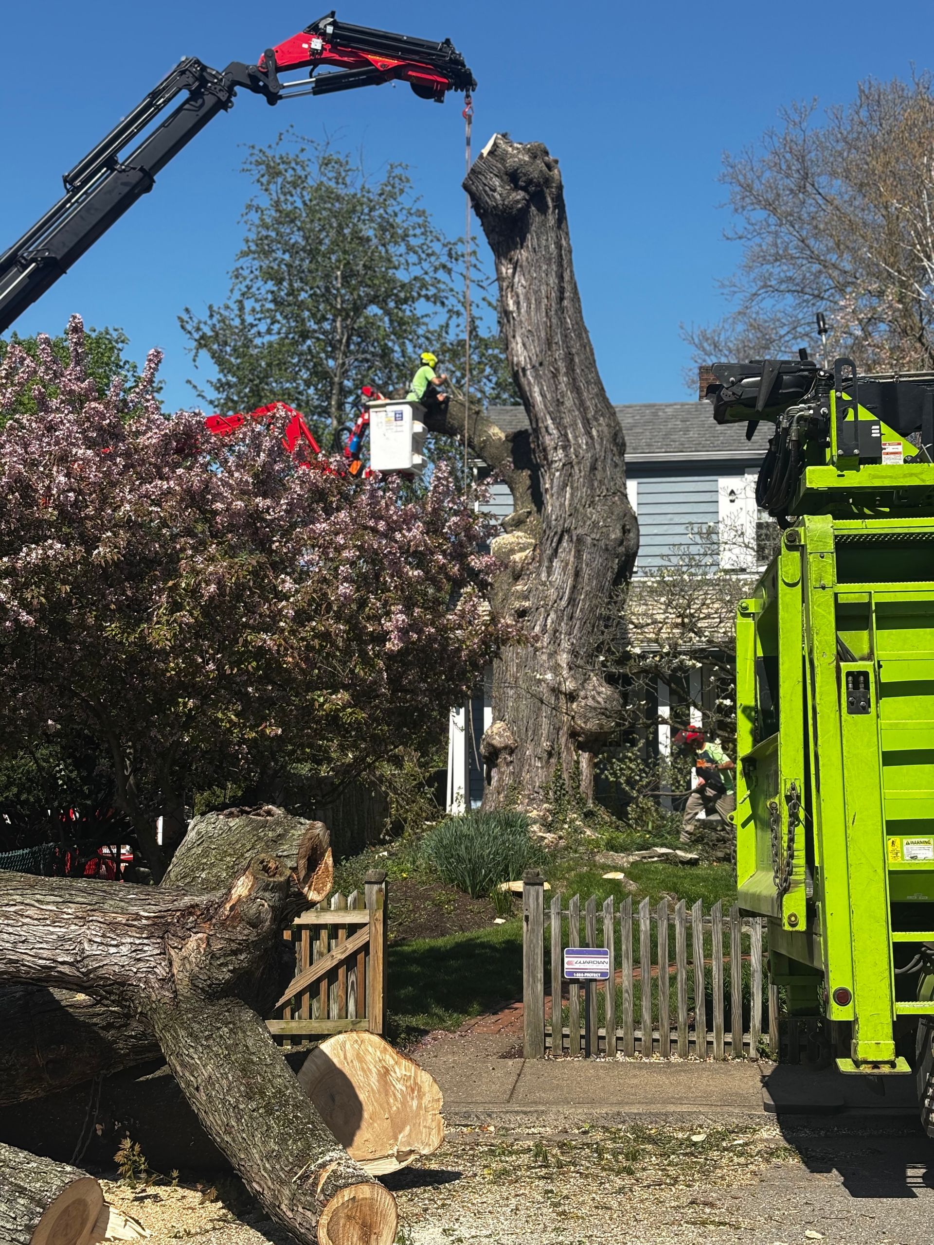 A crane is lifting a pole in a parking lot.