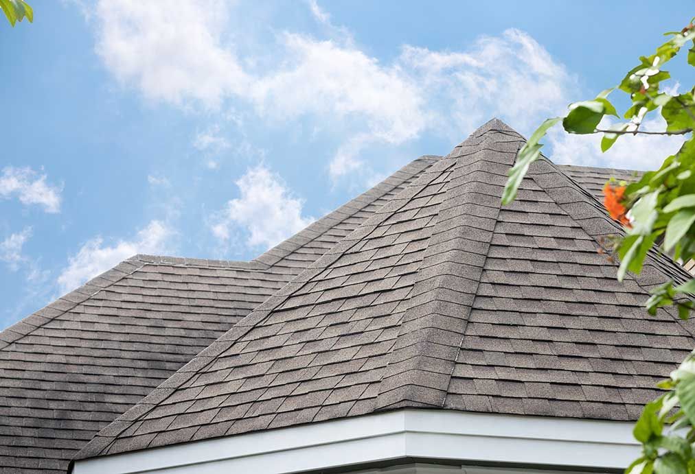 A close up of a roof with a blue sky in the background.