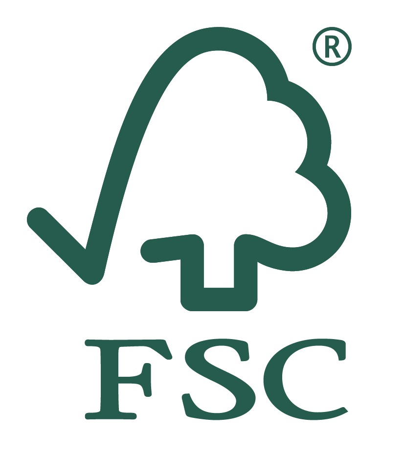 FSC certification logo in green, showing a stylized tree with a check mark and registered trademark symbol