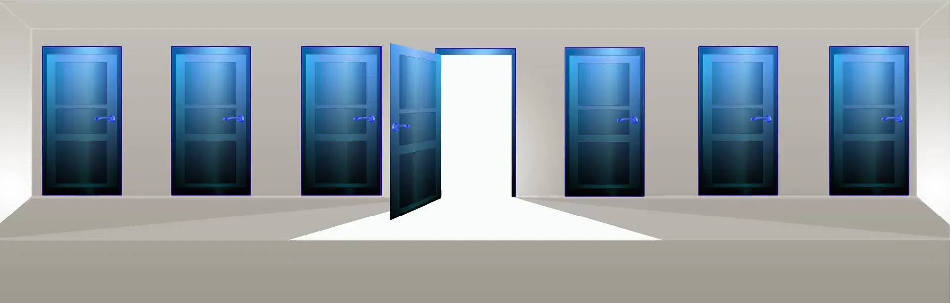 Blue doors with one open door in the center, revealing a bright white space behind it.