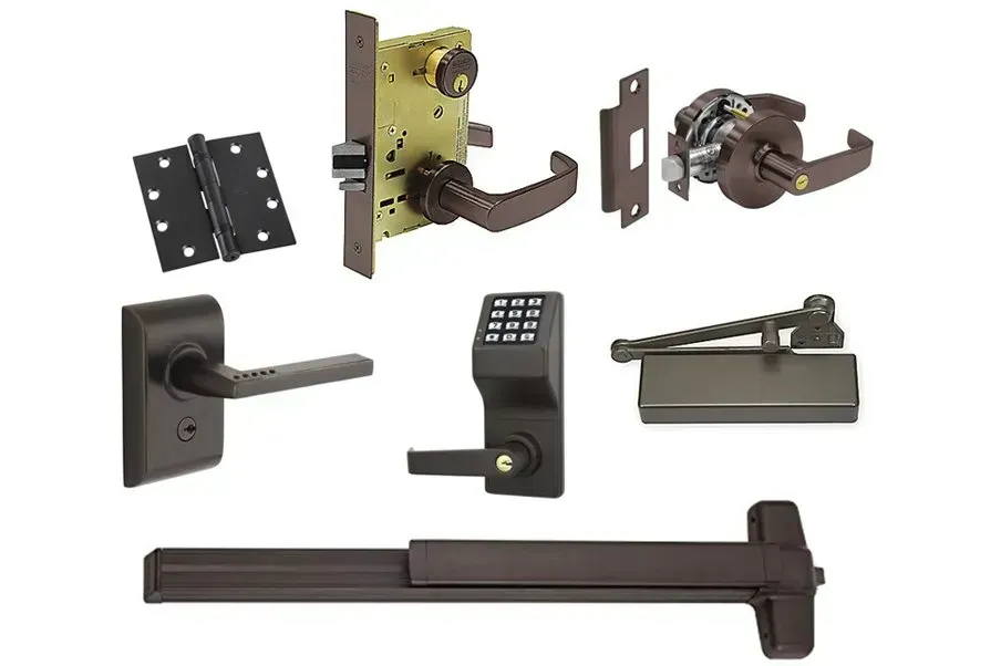 Assortment of door locks and handles, including deadbolts, keypads, and lever latches, on a white background