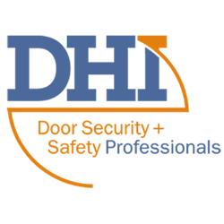 DHI logo with blue and orange text and the tagline “Door Security + Safety Professionals”
