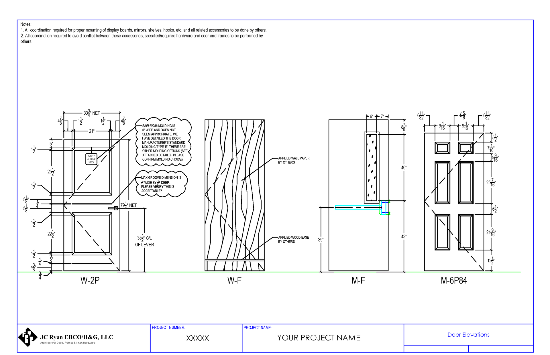 Architectural detail drawing showing door, wall section, and elevations with dimensions and notes.