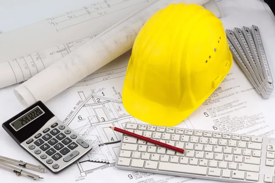 Construction tools and plans with yellow hard hat, calculator, keyboard, and rolled blueprints