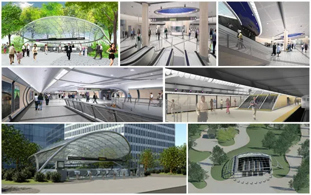 Concept art collage of a modern transit station with curved glass canopies and underground concourses