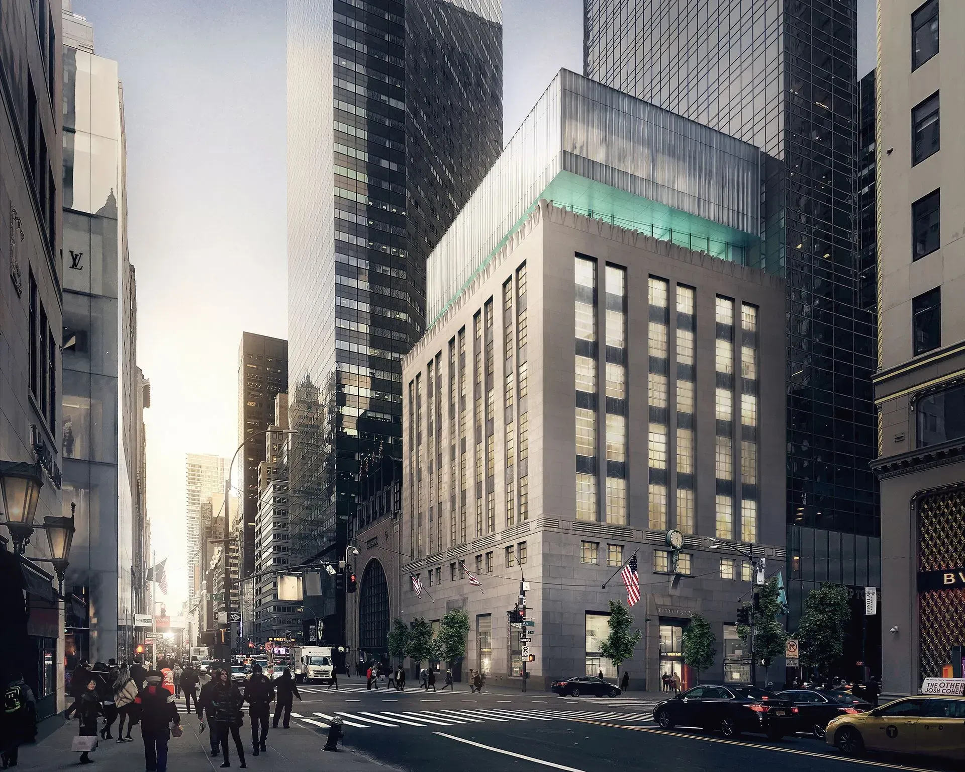 Downtown city street lined with tall office buildings, pedestrians, and cars in soft evening light