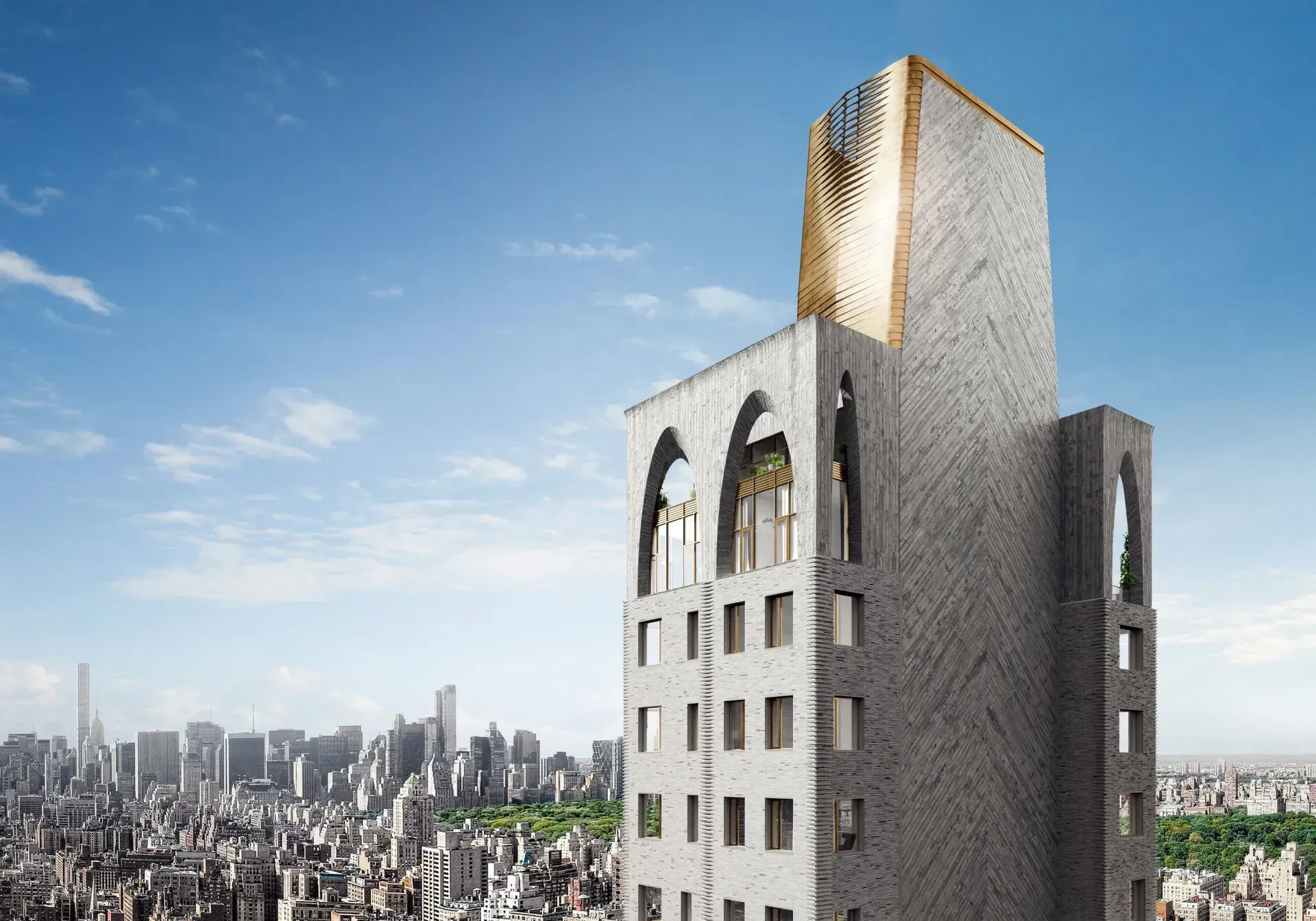 Modern stone skyscraper with arched windows overlooking a city skyline under a blue sky