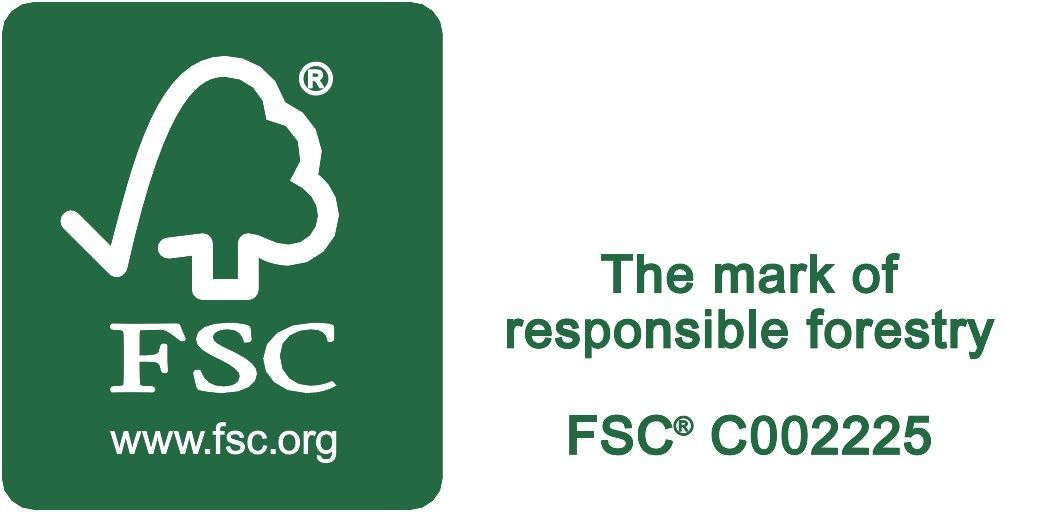 Green FSC logo with tree and checkmark, text “The mark of responsible forestry” and FSC® C002225