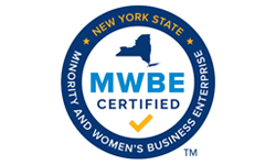 New York State MWBE certified logo in blue, white, and gold for minority and women’s business enterprise