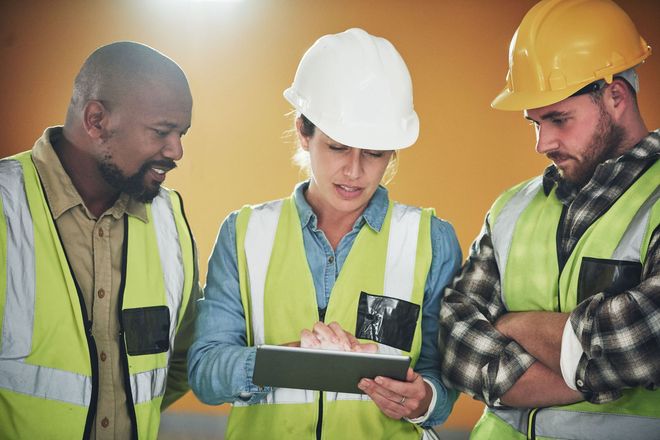 Three construction workers in hard hats and safety vests reviewing plans on a tablet at a work site