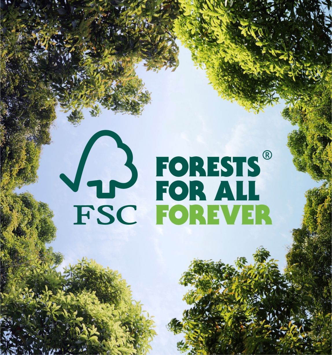 FSC logo and “Forests for All Forever” text over a green tree canopy and blue sky