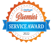Premier Service Award badge, orange and blue, with the year 2022.