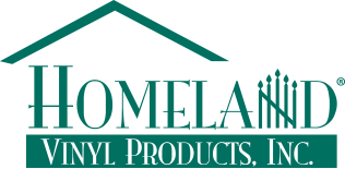 Logo for Homeland Vinyl Products, Inc., green house above text with a decorative flourish in the