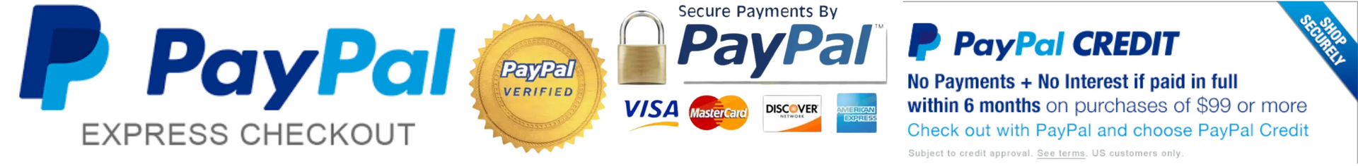 PayPal logo banner with payment and credit card icons, including Express Checkout and PayPal Credit badges