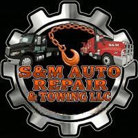 S&M Auto Repair & Towing LLC logo with black tow truck, red truck, and wrench inside a gear shape