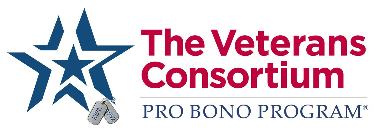 Logo for The Veterans Consortium Pro Bono Program: blue star with dog tags, text in red.