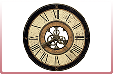 Clock with Roman numerals and visible gears.