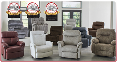 Assorted recliners in various colors displayed in a room setting, some with winner emblems.