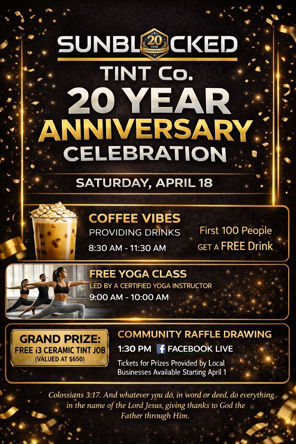 A black and gold flyer for Sunblocked Tint Co.'s 20th-anniversary celebration on Saturday, April 18, detailing event info.