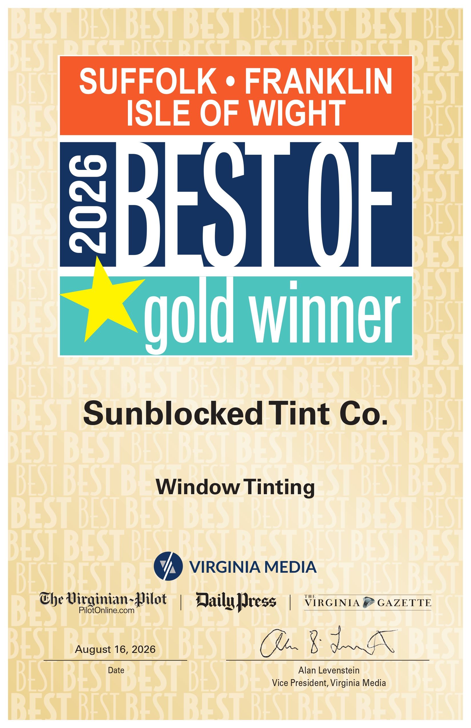Window Tinting Gold Award