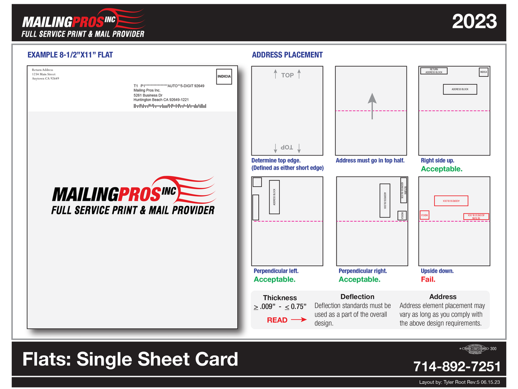 Mail Mfg Pros sample: single sheet card, various envelope styles. 2023. Black, white, and red color scheme.