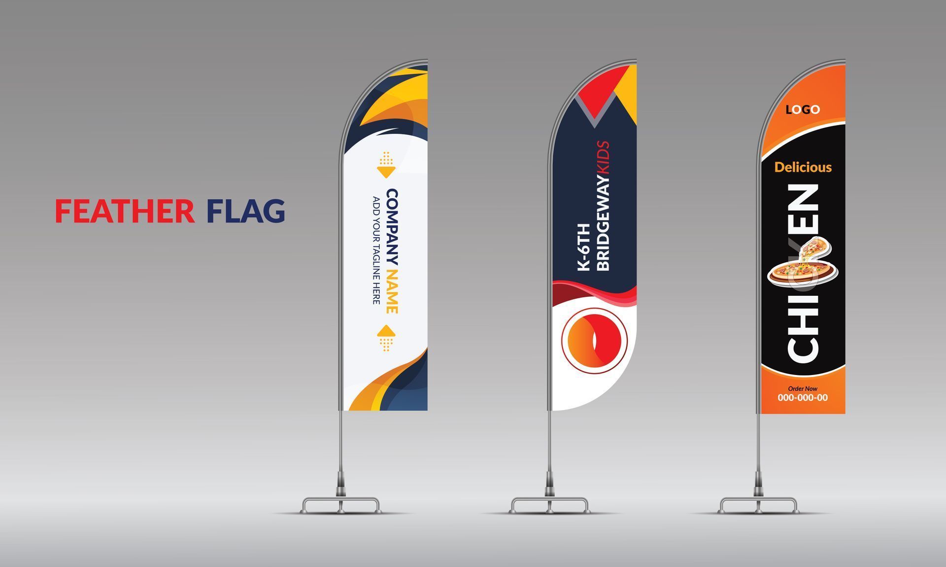 Three feather flags with company and food branding on a gray background.