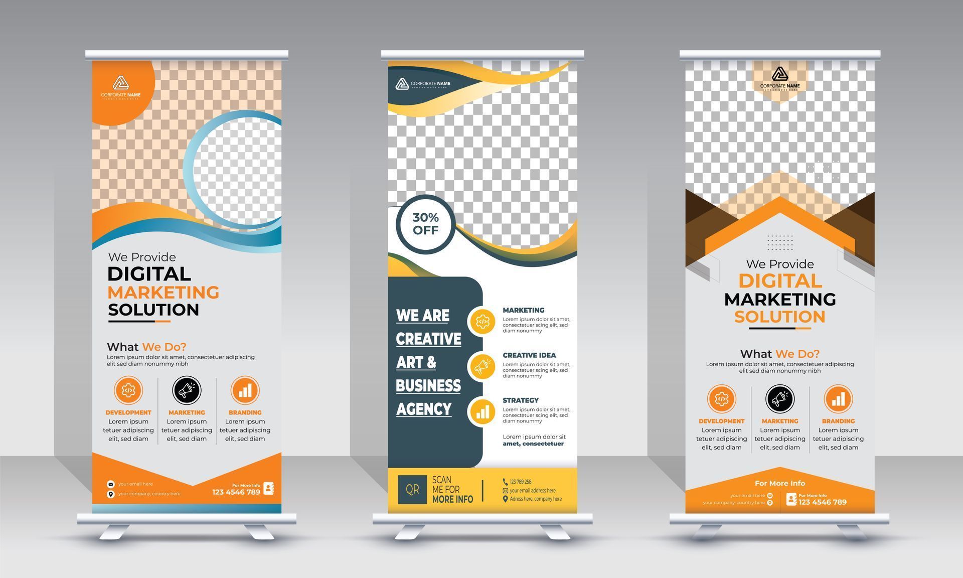 Three roll-up banners: digital marketing solutions. Orange, blue, and brown designs with placeholders for photos and text.