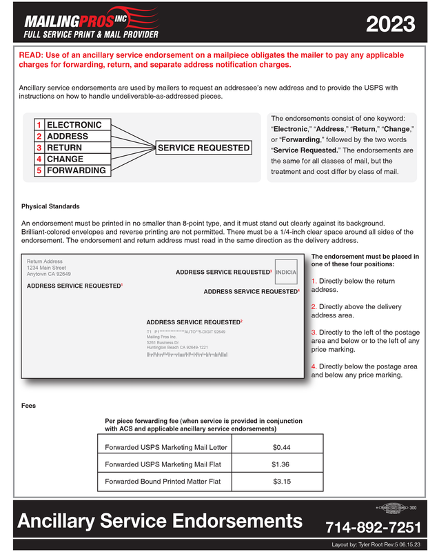 Mailing Pros flyer: 2023 guide to USPS ancillary service endorsements, including service request codes and pricing.