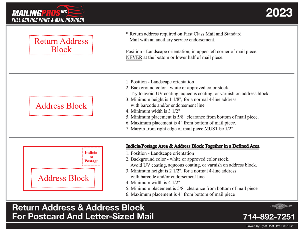 Diagram showing address block placement for postcard and letter-sized mail.