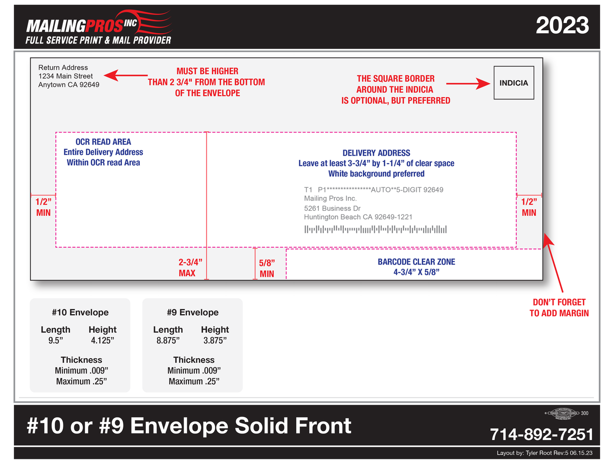 Diagram of a #10 or #9 envelope layout with address placement and measurements labeled, 2023.