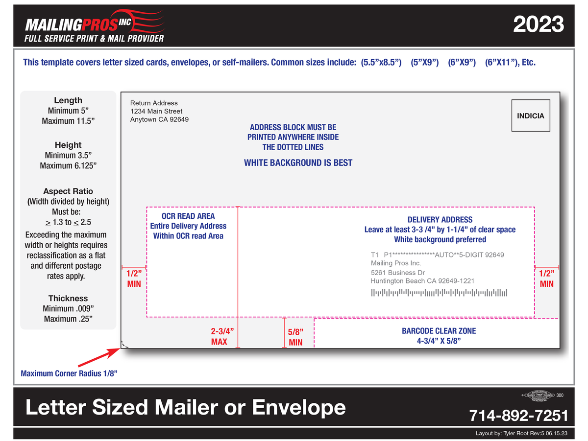Diagram of a letter-sized mailer, showing address placement, measurements, and post office guidelines.