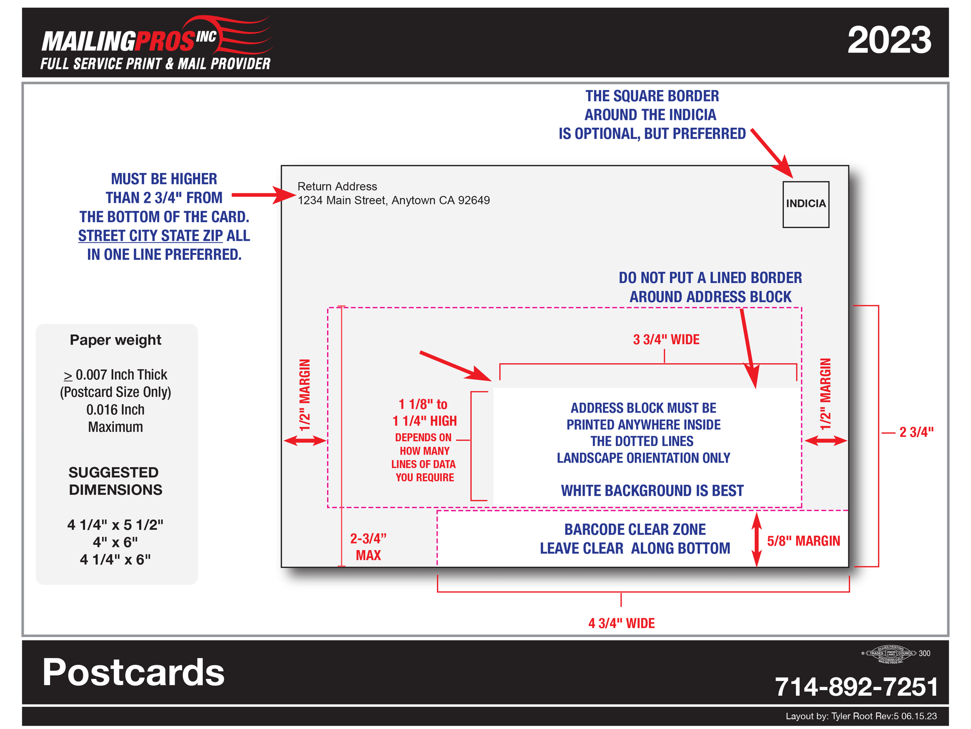 A postcard layout template for 2023 with dimensions and text areas, white background.