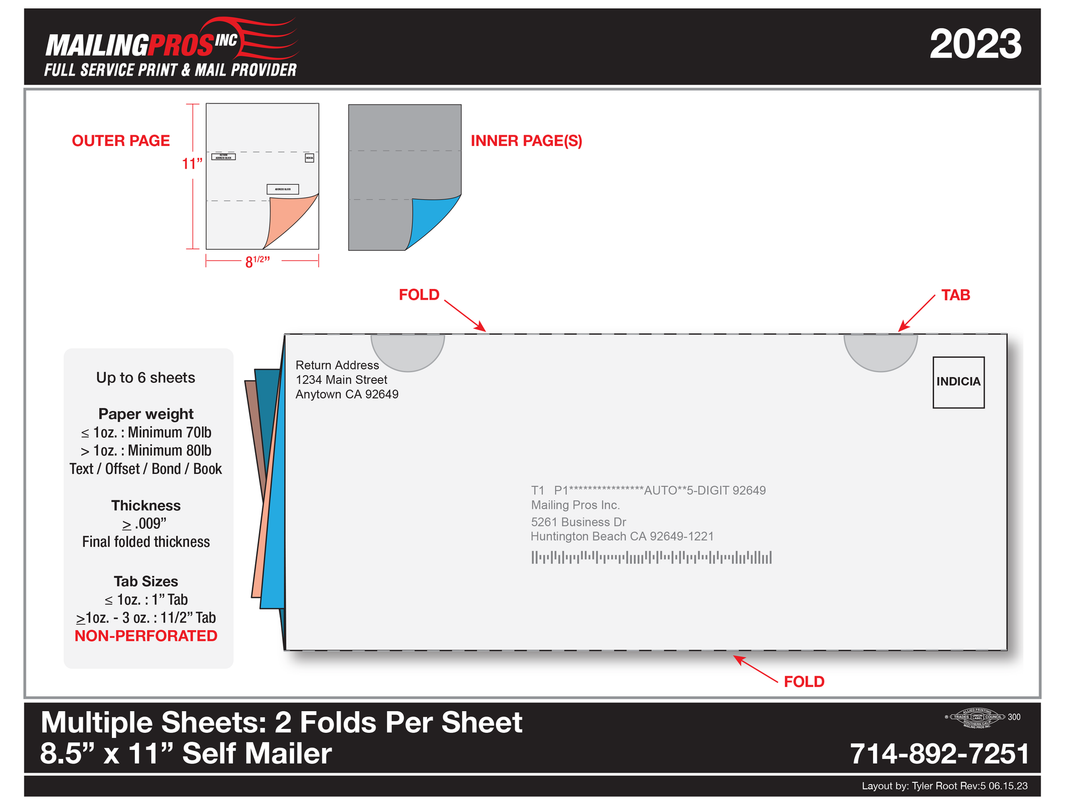 Diagram of a folded 8.5 x 11 inch self-mailer envelope with labels, folds, and markings.