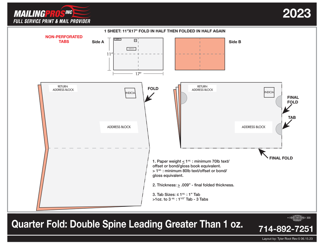 Diagram of a quarter fold double-spine mailer leading greater than 1 oz. with 2023 calendar information.
